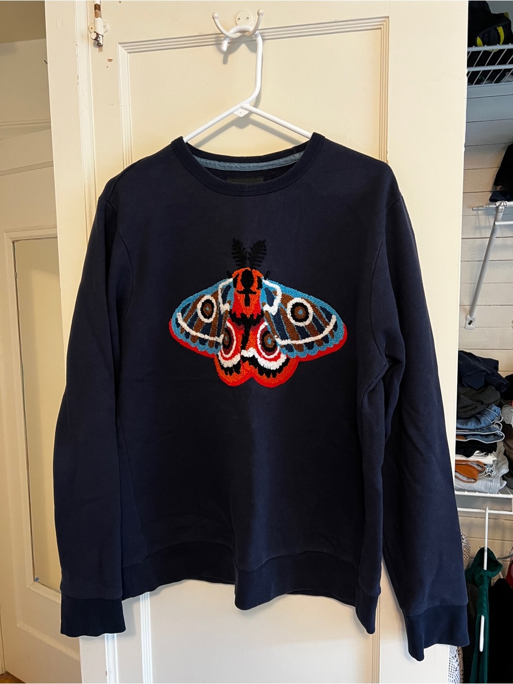 Bonobos Navy Crewneck Sweater with Colorful Moth Patch